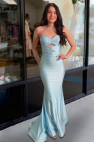 Isalyn | Sky Blue - Strapless Mermaid Satin Long Prom Dresses With Cutout - KissProm