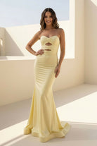 Isalyn | Yellow - Strapless Mermaid Satin Long Prom Dresses With Cutout - KissProm