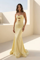 Isalyn | Yellow - Strapless Mermaid Satin Long Prom Dresses With Cutout - KissProm