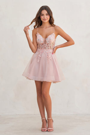 Isby | Pink - A Line V Neck Tulle Sequined Homecoming Dresses with Appliques