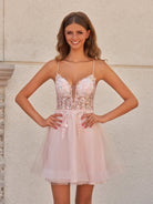 Isby | Pink - A Line V Neck Tulle Sequined Homecoming Dresses with Appliques
