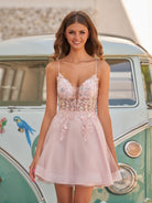 Isby | Pink - A Line V Neck Tulle Sequined Homecoming Dresses with Appliques