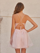 Isby | Pink - A Line V Neck Tulle Sequined Homecoming Dresses with Appliques