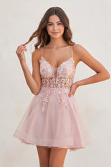Isby | Pink - A Line V Neck Tulle Sequined Homecoming Dresses with Appliques