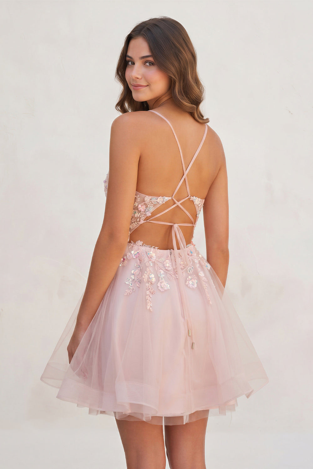 Isby | Pink - A Line V Neck Tulle Sequined Homecoming Dresses with Appliques