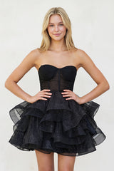 Ishea | A-Line Tulle Black Short Homecoming Dress with Ruffles