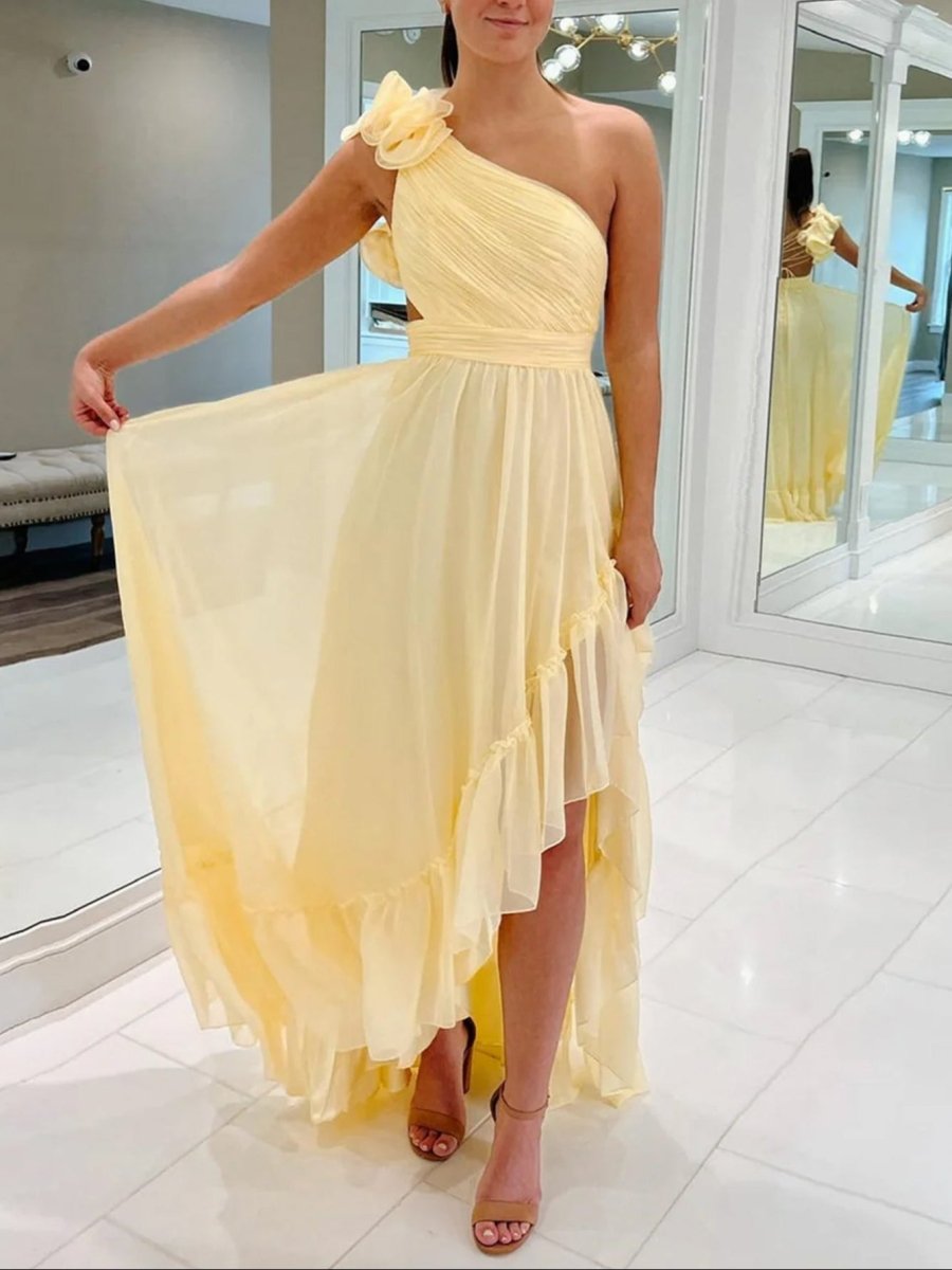 Yellow A-Line One Shoulder Embroidered Floral Midi Dress