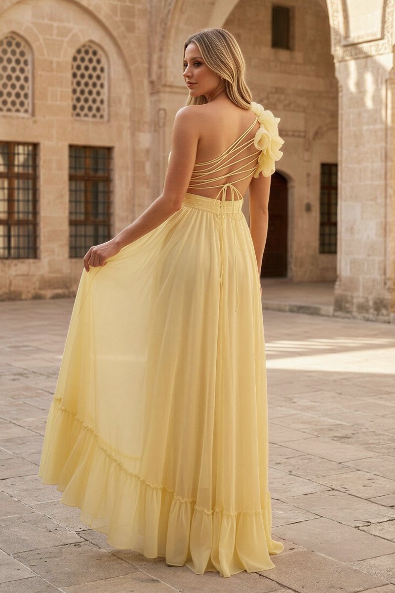 KissProm Light Yellow A-line One Shoulder Lace-Up Pleated Ruffle High-Low Prom Dress, Yellow / Custom Size