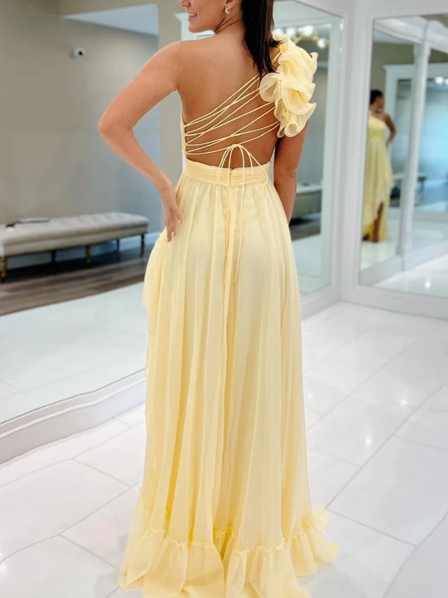 Light Yellow A-line One Shoulder Lace-Up Pleated Ruffle High-Low Prom Dress Yellow / 12 Light Yellow A-line One Shoulder Lace-Up Pleated Ruffle High-Low Prom Dress Yellow / 12