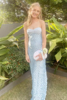 Islen | Blue - Sheath Strapless Long Prom Dresses with Sequins - KissProm