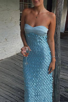 Islen | Blue - Sheath Strapless Long Prom Dresses with Sequins - KissProm