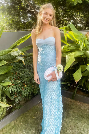 Islen | Blue - Sheath Strapless Long Prom Dresses with Sequins - KissProm