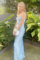 Islen | Blue - Sheath Strapless Long Prom Dresses with Sequins - KissProm