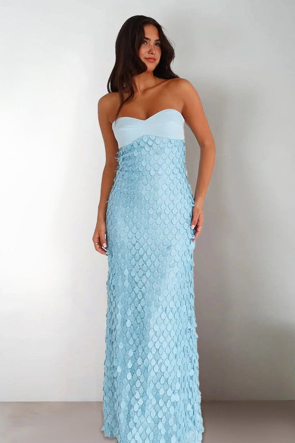 Islen | Blue - Sheath Strapless Long Prom Dresses with Sequins - KissProm