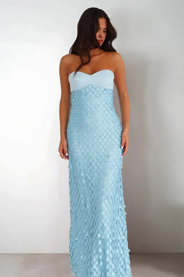 Islen | Blue - Sheath Strapless Long Prom Dresses with Sequins - KissProm