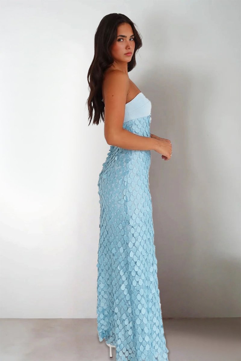 Islen | Blue - Sheath Strapless Long Prom Dresses with Sequins - KissProm