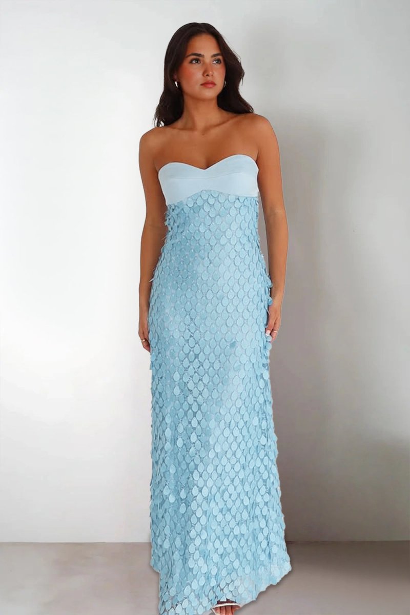 Islen | Blue - Sheath Strapless Long Prom Dresses with Sequins - KissProm