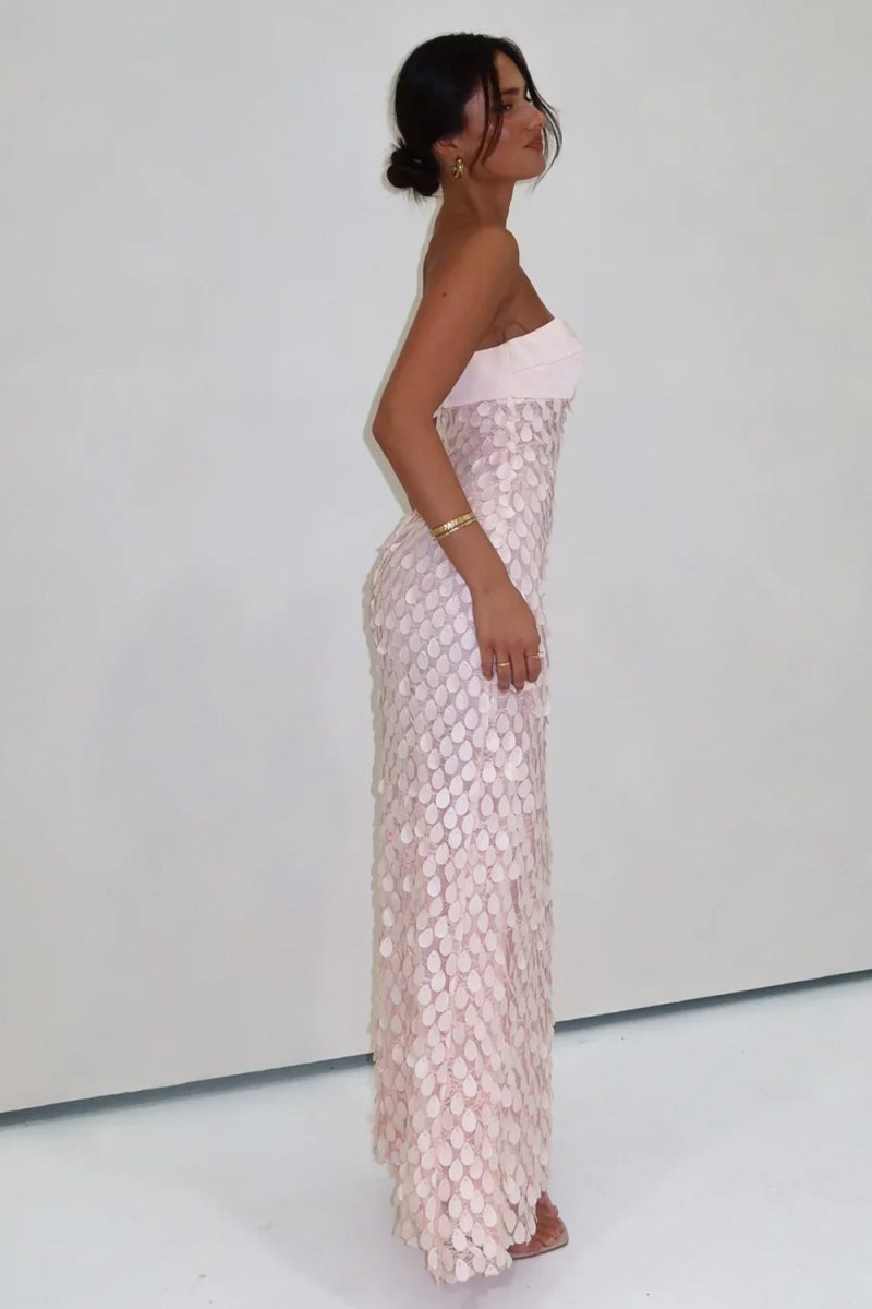 Islen | Pink - Sheath Strapless Long Prom Dresses with Sequins - KissProm