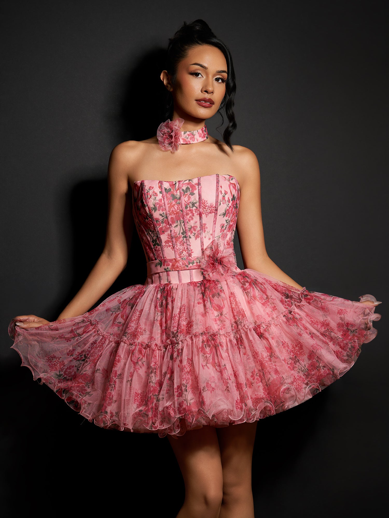 Ismeria | Pink - Strapless A-Line Floral Short Homecoming Dresses With Ruffles