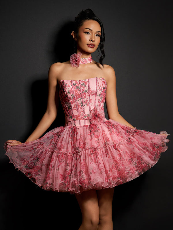 Pink Strapless A-Line Floral Short Homecoming Dresses With Ruffles - KISSPROM