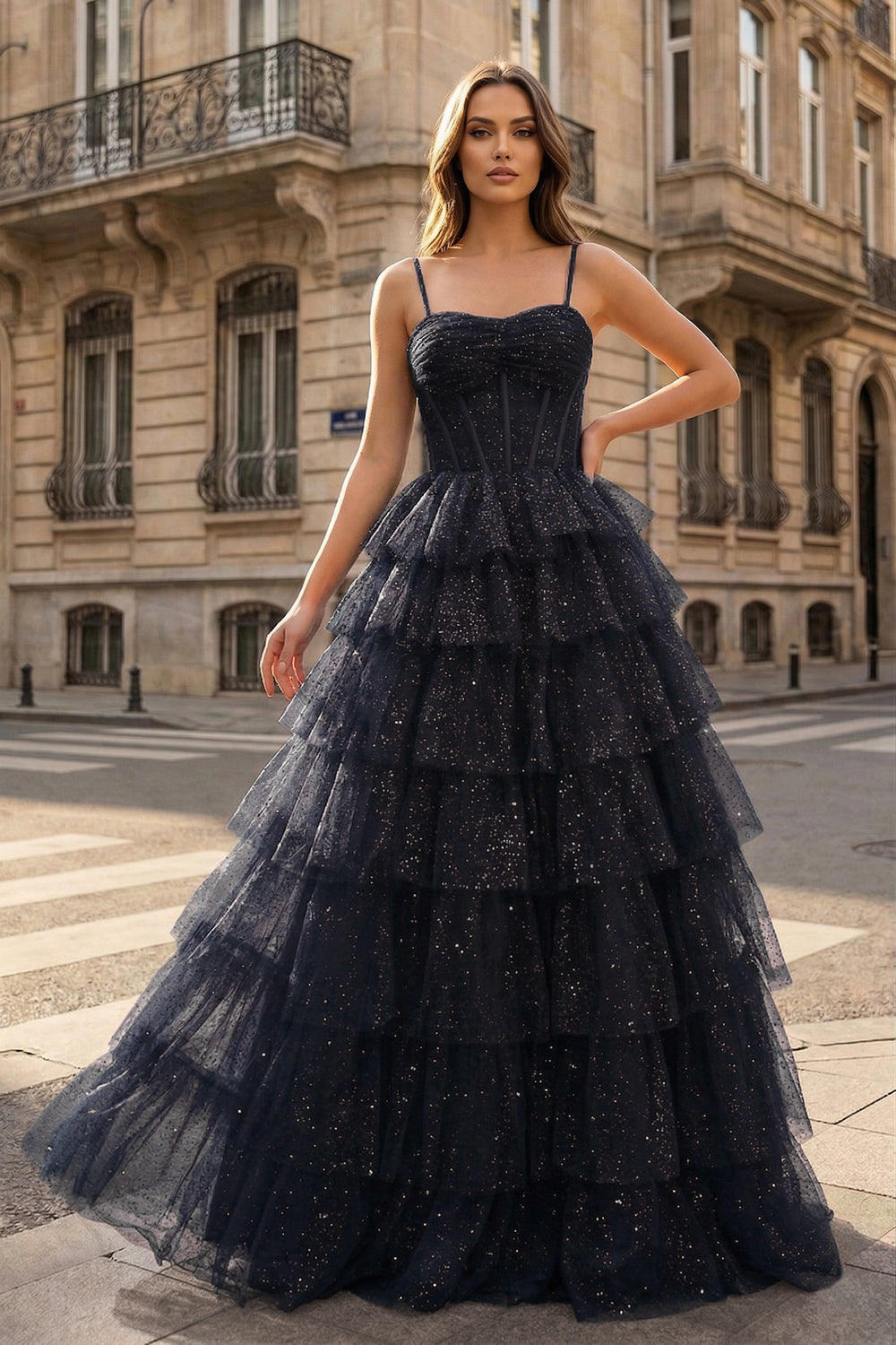 Gorgeous Sparkle Tulle Navy Blue Spaghetti Straps Ruched Prom Dress - KissProm