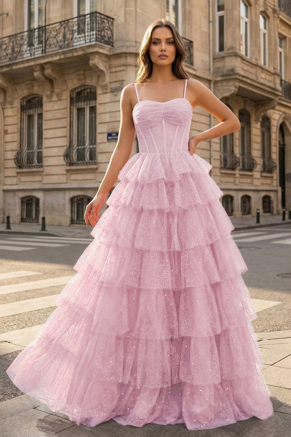 Gorgeous Sparkle Tulle Red Spaghetti Straps Ruched Prom Dress