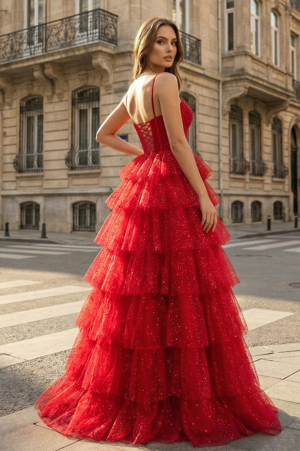 KissProm- Gorgeous Sparkle Tulle Red Spaghetti Straps Ruched Prom Dress
