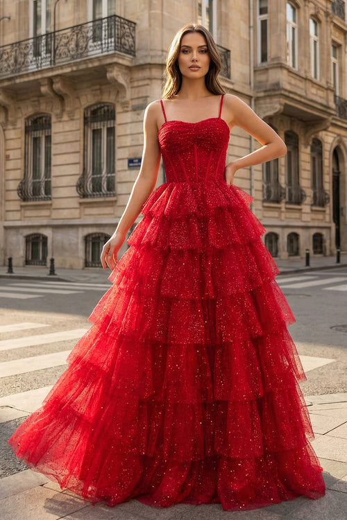 KissProm- Gorgeous Sparkle Tulle Red Spaghetti Straps Ruched Prom Dress