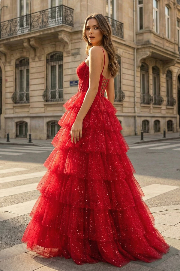KissProm- Gorgeous Sparkle Tulle Red Spaghetti Straps Ruched Prom Dress