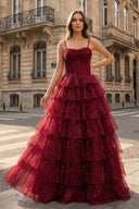 Gorgeous Sparkle Tulle Red Spaghetti Straps Ruched Prom Dress