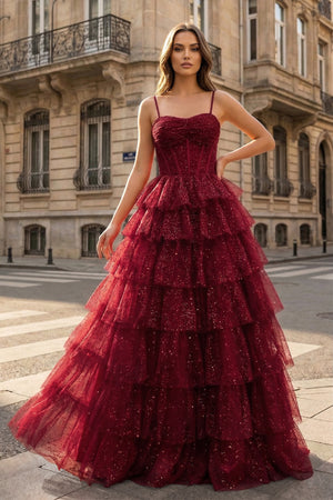 Gorgeous Sparkle Tulle Red Spaghetti Straps Ruched Prom Dress