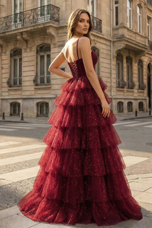 Gorgeous Sparkle Tulle Red Spaghetti Straps Ruched Prom Dress