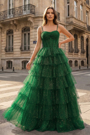 Gorgeous Sparkle Tulle Red Spaghetti Straps Ruched Prom Dress
