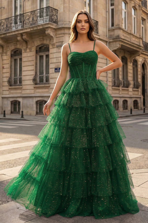 Gorgeous Sparkle Tulle Red Spaghetti Straps Ruched Prom Dress