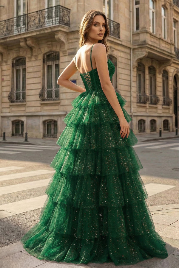 Gorgeous Sparkle Tulle Red Spaghetti Straps Ruched Prom Dress