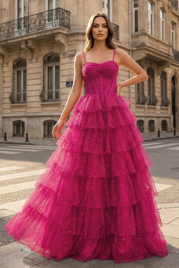 Gorgeous Sparkle Tulle Red Spaghetti Straps Ruched Prom Dress