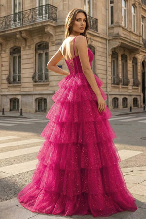Gorgeous Sparkle Tulle Red Spaghetti Straps Ruched Prom Dress