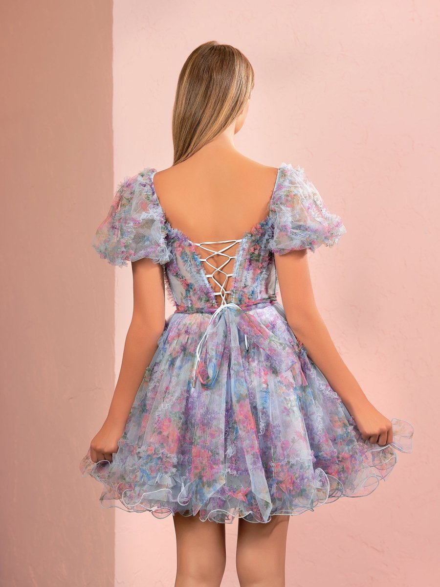 Ivana | Sky Blue A Line Off the Shoulder Printed Homecoming Dress