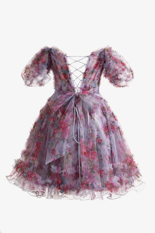 Fuchsia A Line Off the Shoulder Printed Homecoming Dress, Light Purple / 18 Fuchsia A Line Off the Shoulder Printed Homecoming Dress, Light Purple / 18