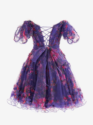 Ivana | Purple A Line Off the Shoulder Printed Homecoming Dress