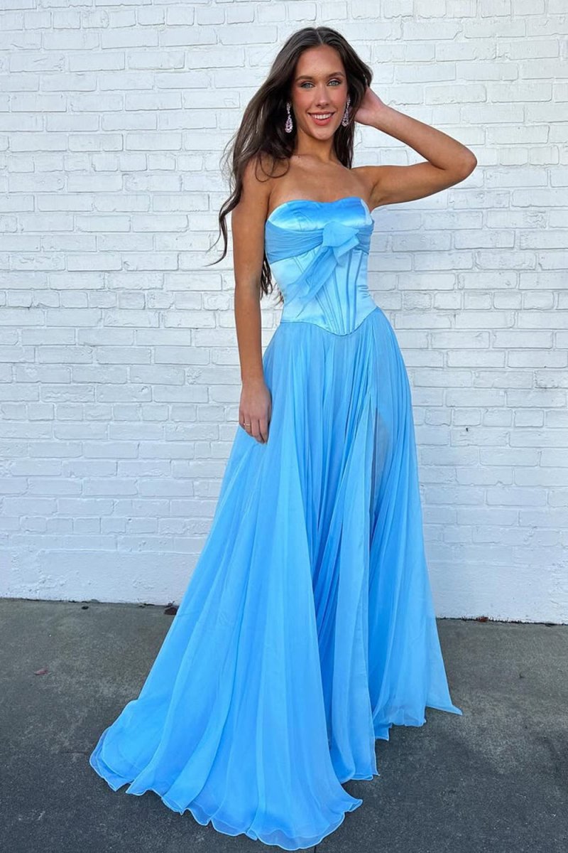 Ivelisse | Blue - A Line Strapless Pleated Chiffon Long Prom Dress with Bow - KissProm