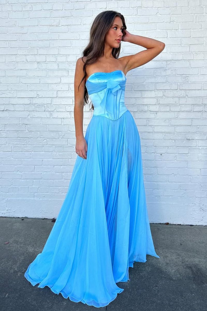 Ivelisse | Blue - A Line Strapless Pleated Chiffon Long Prom Dress with Bow - KissProm