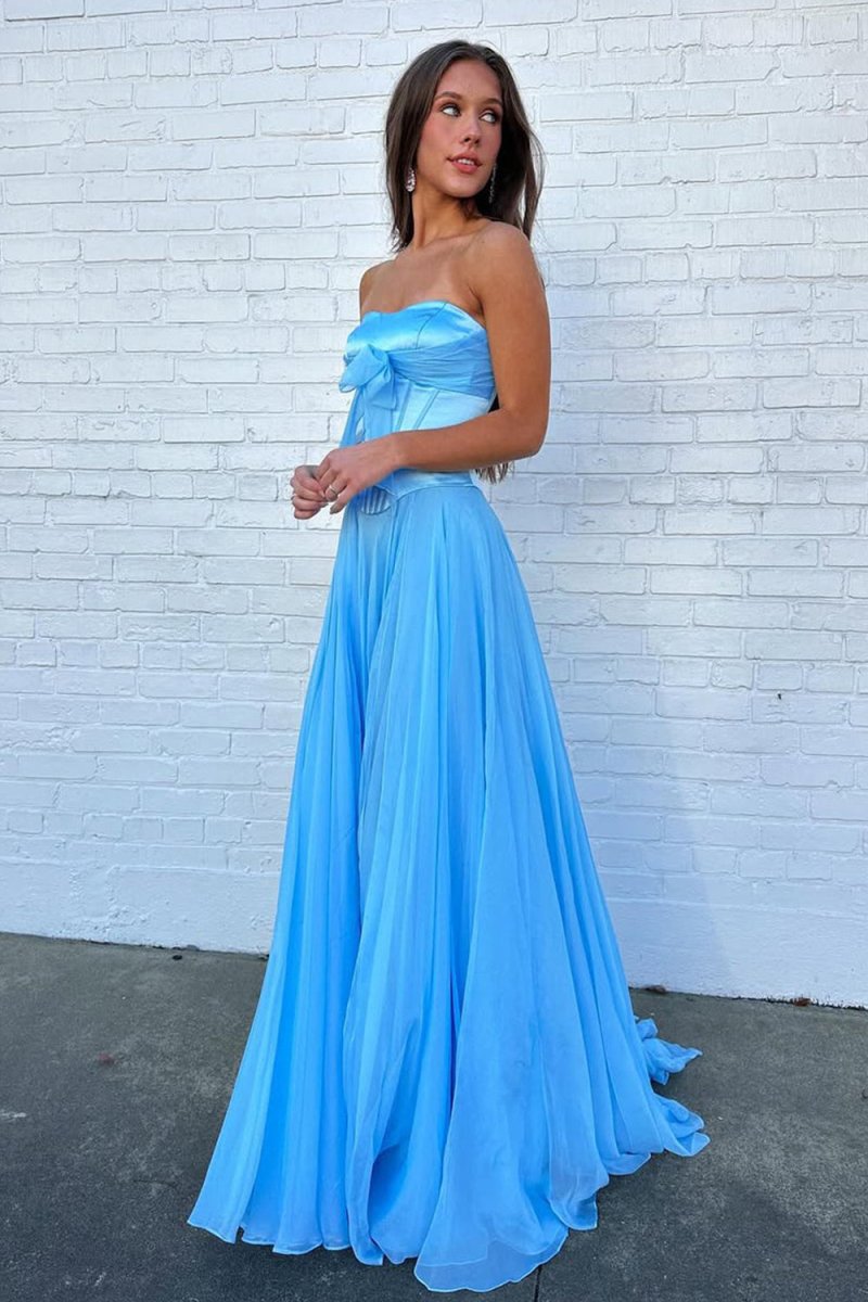Ivelisse | Blue - A Line Strapless Pleated Chiffon Long Prom Dress with Bow - KissProm