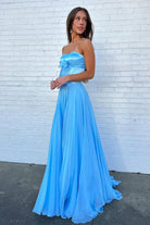 Ivelisse | Blue - A Line Strapless Pleated Chiffon Long Prom Dress with Bow - KissProm