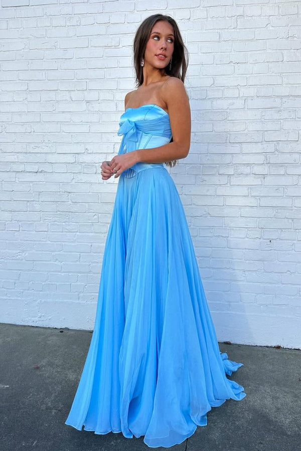 Ivelisse | Blue - A Line Strapless Pleated Chiffon Long Prom Dress with Bow - KissProm