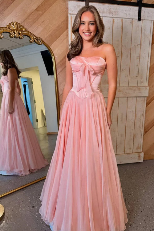 Ivelisse | Blue - A Line Strapless Pleated Chiffon Long Prom Dress with Bow - KissProm