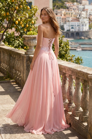 Pink A Line Strapless Pleated Chiffon Long Prom Dress with Bow - KissProm