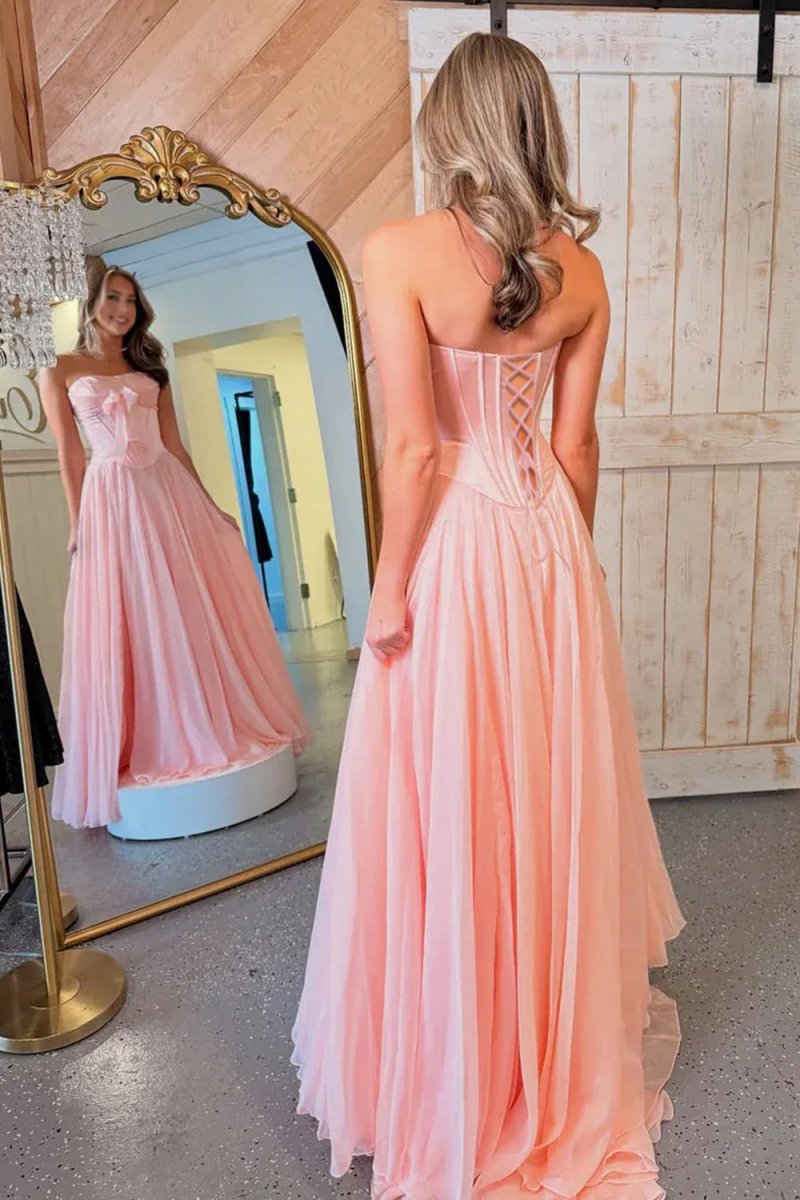Pink - A Line Strapless Pleated Chiffon Long Prom Dress with Bow Pink / 8 Pink - A Line Strapless Pleated Chiffon Long Prom Dress with Bow Pink / 8