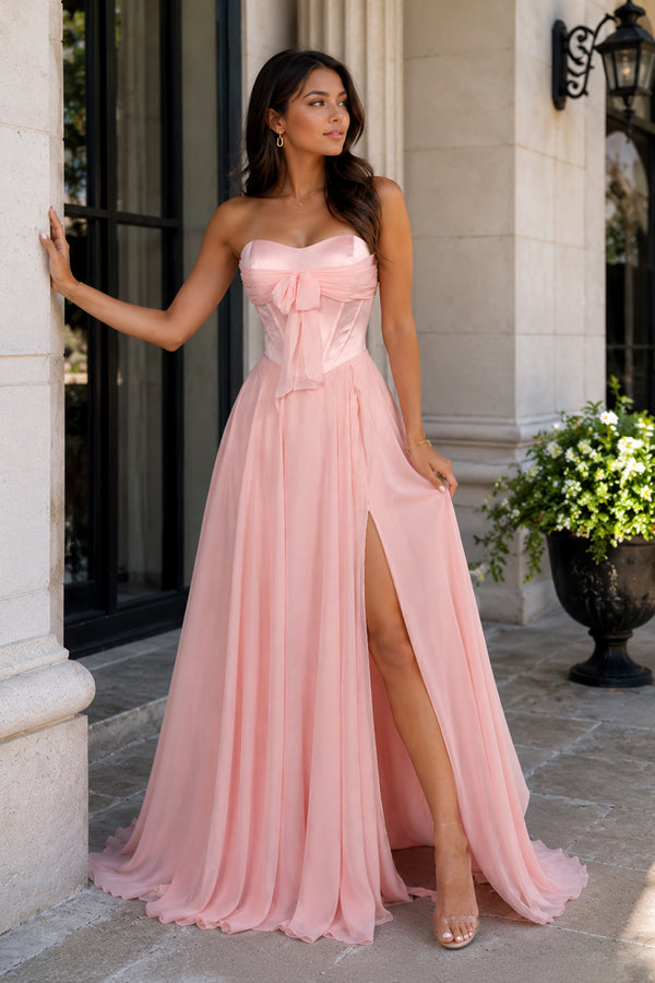 Pink A Line Strapless Pleated Chiffon Long Prom Dress with Bow - KissProm