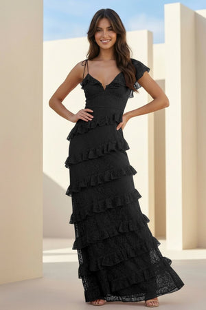 Red Sheath V Neck Lace Long Prom Dresses With Ruffles - KissProm